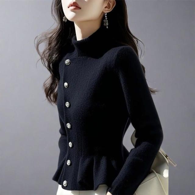 【初色】純色修身加厚單排釦半高領長袖毛衣針織上衣女上衣-共3色-39809(F可選)