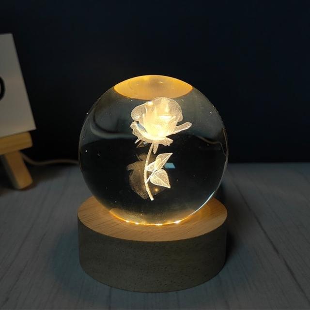 【A-ONE 匯旺】愛的玫瑰 水晶球 LED發光底座 燈座 生日禮物 情人節禮物 送禮 水晶雕刻球 氣氛小物