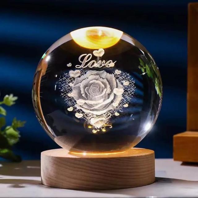 【A-ONE 匯旺】愛的玫瑰 水晶球 LED發光底座 燈座 生日禮物 情人節禮物 送禮 水晶雕刻球 氣氛小物