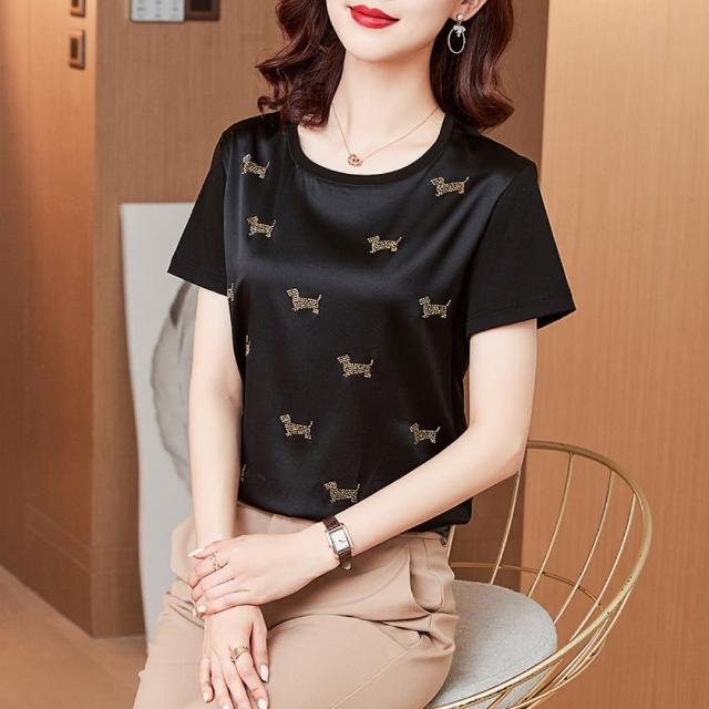 【Very Buy 非常勸敗】預購/時尚燙鑽真絲上衣圓領寬鬆氣質短袖桑蠶絲T恤女內搭上衣