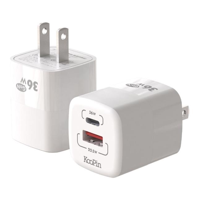 【KooPin】36W氮化鎵 雙孔PD+QC 手機急速快充充電器(雙孔1A1C)