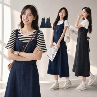 【Amore】清新氣質綁帶顯瘦牛仔吊帶裙 洋裝 牛仔洋裝(優雅修身收腰設計)