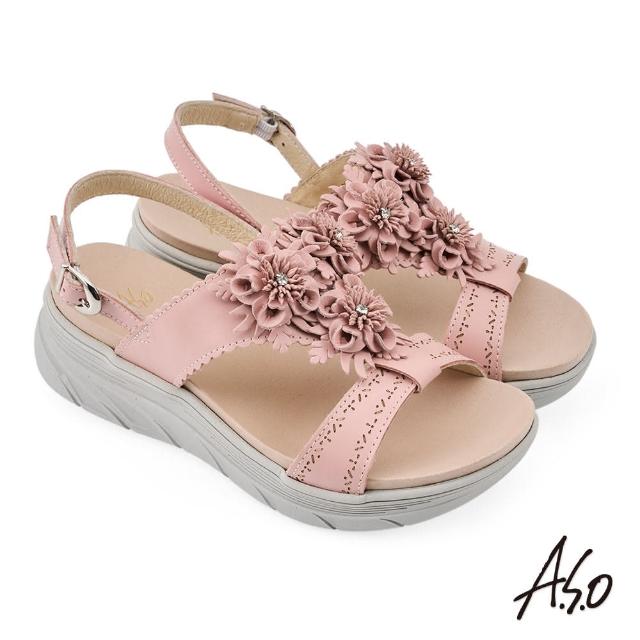 【A.S.O 阿瘦集團】A.S.O 舒活美型系列-水鑽花朵真皮休閒涼鞋(女鞋_3色任選)