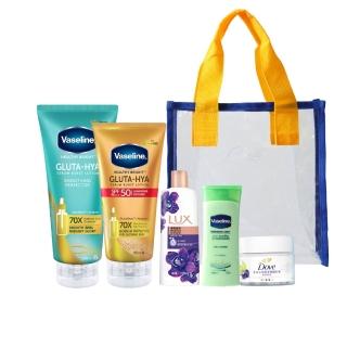 【Vaseline 凡士林】夏日美妝袋(精華凝乳x1+防曬凝乳x1+潤膚露x1+LUX沐浴x1+多芬磨砂膏x1)