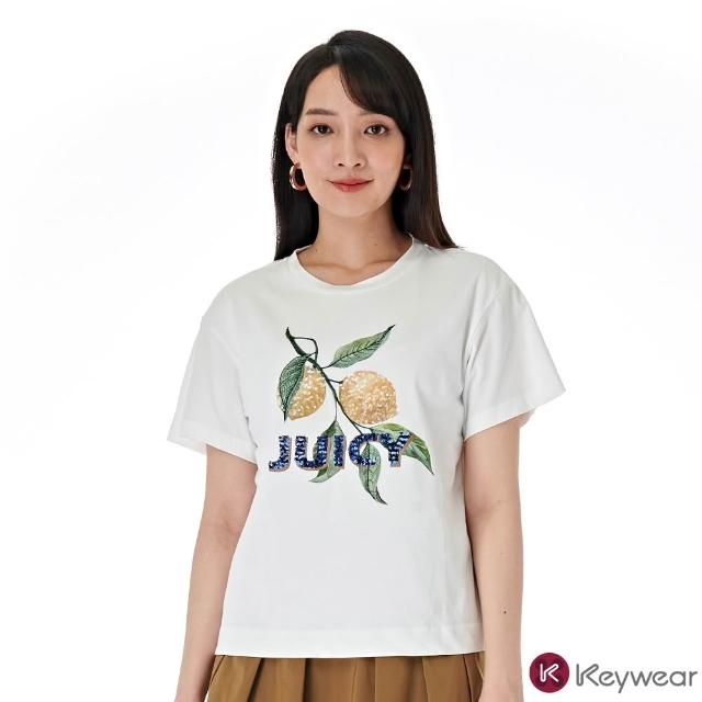 【KeyWear 奇威名品】檸檬刺繡圖案圓領短袖上衣(共2色)