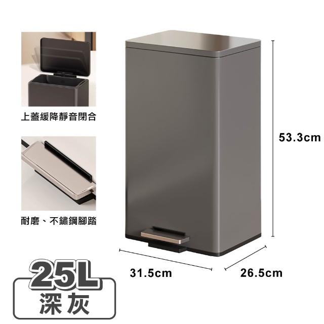 【ONE HOUSE】格拉斯高質感靜音緩降 401不鏽鋼垃圾桶-25L 平蓋/弧蓋 任選 1入(踩踏垃圾桶/緩降垃圾桶)