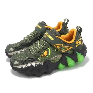 【SKECHERS】休閒鞋 S Lights 2.0 大童 綠 橘 暴龍燈鞋 魔鬼氈 發光 童鞋(400121-LOLV)