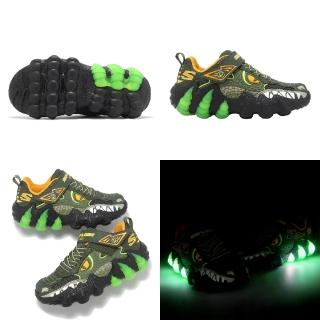 【SKECHERS】休閒鞋 S Lights 2.0 大童 綠 橘 暴龍燈鞋 魔鬼氈 發光 童鞋(400121-LOLV)