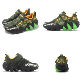 【SKECHERS】休閒鞋 S Lights 2.0 大童 綠 橘 暴龍燈鞋 魔鬼氈 發光 童鞋(400121-LOLV)