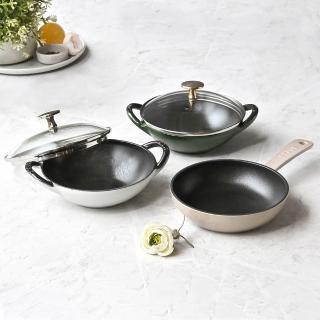 【STAUB】迷你煲琺瑯鑄鐵鍋16cm＋圓形琺瑯鑄鐵平煎鍋16cm(德國雙人牌集團官方直營)