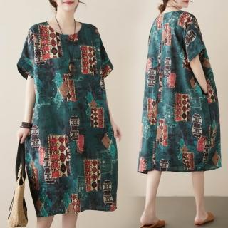 【AKARA】日系藝文綿麻香片連身短袖洋裝(春夏/ 涼感 /棉麻 /寬版均碼 /中大尺碼)