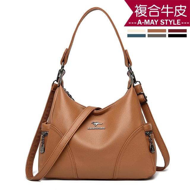 【Amay Style 艾美時尚】真皮女包 側背包 斜背包 大容量時髦拼接造型牛皮手提肩背包(6色.預購)
