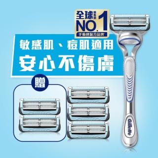 【Gillette 吉列】Skinguard 痘痘肌適用 MOMO 獨家組 1刀架 6 刀頭(免鬍泡)