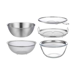 【SHIMOYAMA 霜山】304不鏽鋼廚房料理瀝水盆/耐熱玻璃調理碗6件組(料理盆/蒸盤/濾油網)