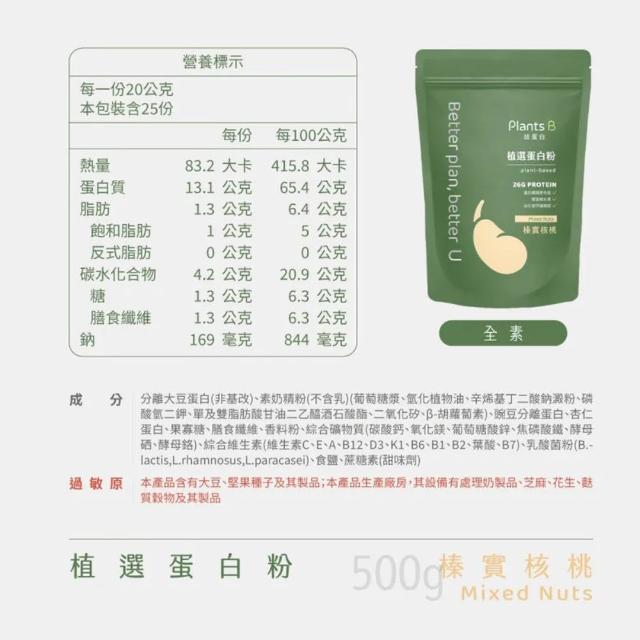 【果果堅果】彼蛋白 Plants B 植選蛋白粉 素食高蛋白 植物性優蛋白 隨身包 口味任選 500g/包