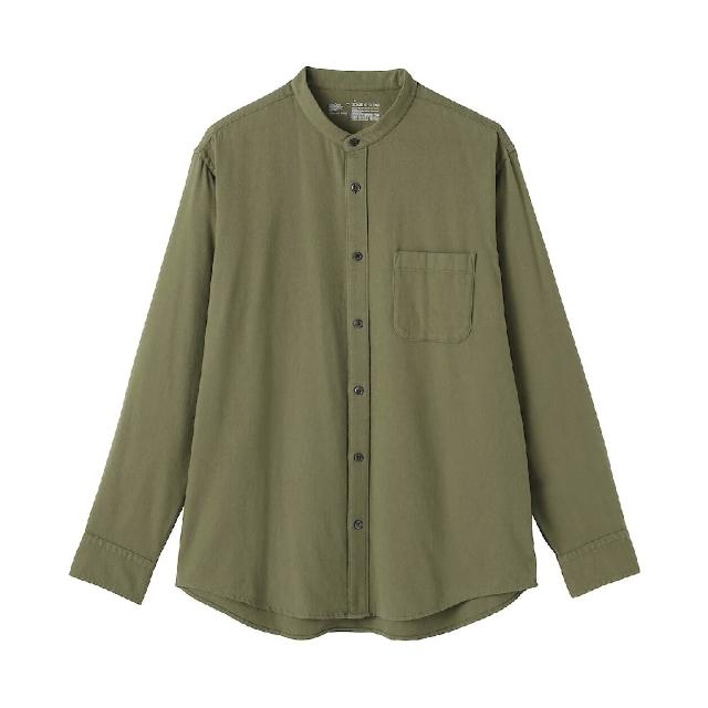 【MUJI 無印良品】男雙面起毛法蘭絨立領長袖襯衫(柔白/卡其/深藍/棕色/淺綠格紋/藍格紋/暗藍直紋/淺棕直紋)