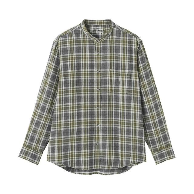 【MUJI 無印良品】男雙面起毛法蘭絨立領長袖襯衫(柔白/卡其/深藍/棕色/淺綠格紋/藍格紋/暗藍直紋/淺棕直紋)