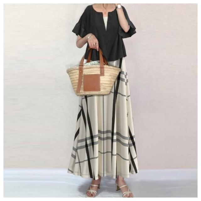 【ASister 小姊姊】現貨在庫★套裝☆*V領荷葉黑上衣+純色格紋拼接背心連身裙(黑衣+背心裙 2色 S-L #AS1514)