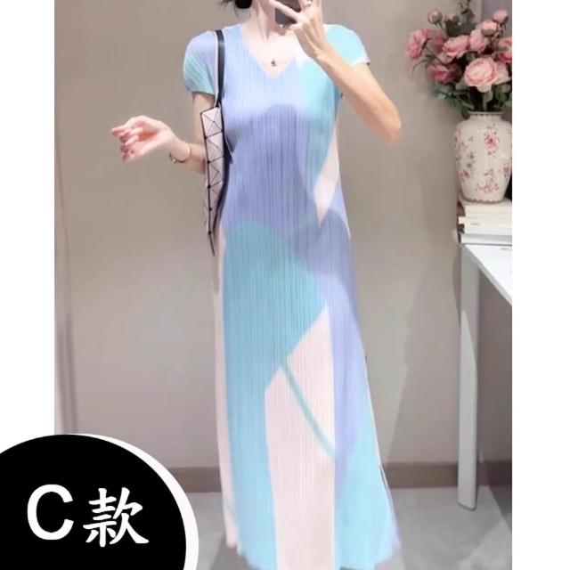 【K.W.】MOMO限定春季新品韓國簡約三宅風輕褶衣洋裝(壓褶 中大尺碼 短袖 輕薄 小香風)