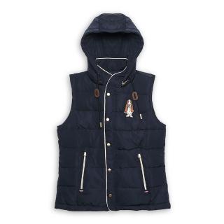 【Hush Puppies】女裝 背心 簡約素色帽可拆刺繡狗羽絨背心(丈青 / 54217102)