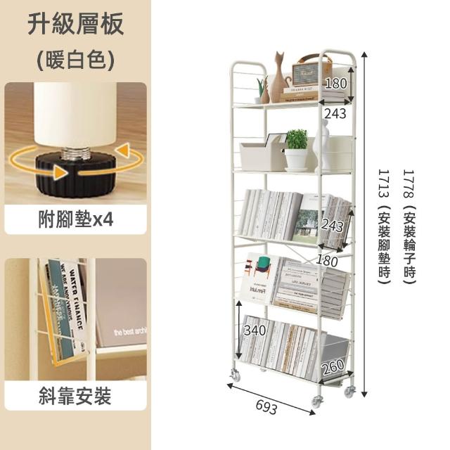 【慢慢家居】專人組裝-升級層板-奶油風超穩固可移動鐵藝五層書架(文件推車 兒童書架 移動書櫃 置物架)