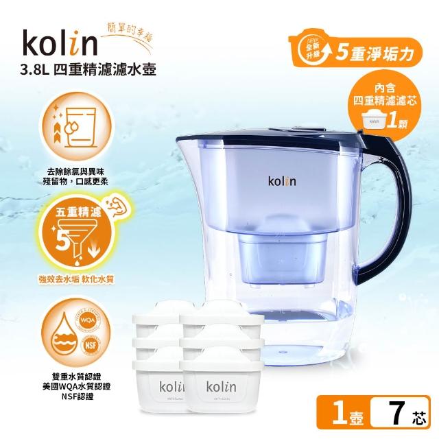 【Kolin 歌林】3.8L濾水壺(內含四重濾芯*1)+五重淨垢濾芯6入(共1壺7芯/適用Brita)