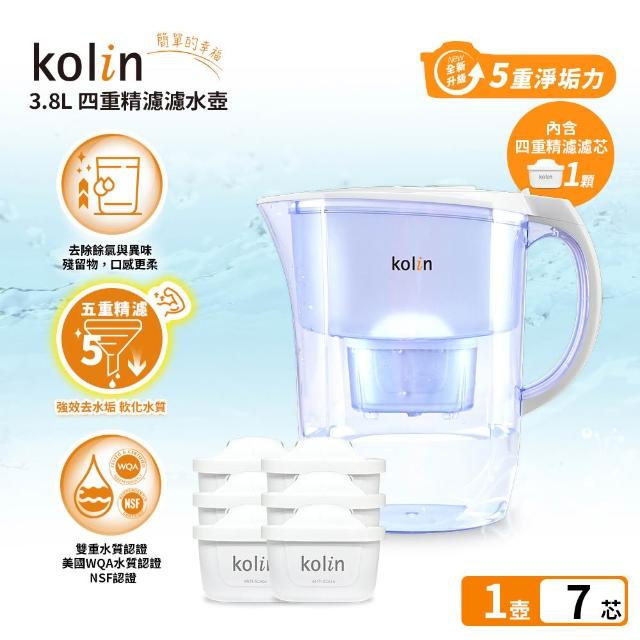 【Kolin 歌林】3.8L濾水壺(內含四重濾芯*1)+五重淨垢濾芯6入(共1壺7芯/適用Brita)