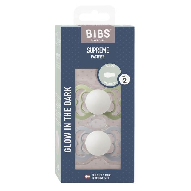 【BIBS】SUPREME 雙扁型矽膠安撫奶嘴-夜光2入(丹麥奶嘴 總代理公司貨)