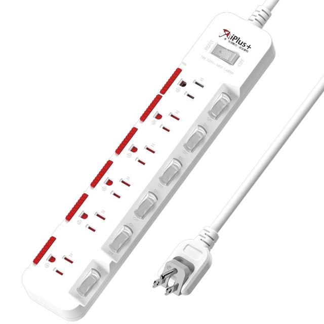 【iPlus+ 保護傘】7開6插3P防塵抗雷擊旋轉插頭延長線1.8M(PU-3767S 斜面開關.台灣製.防火)
