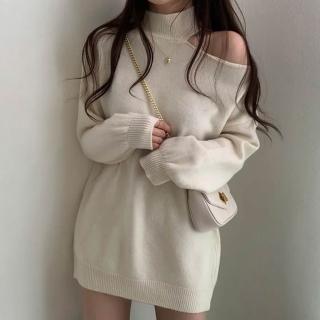 【D.studio】韓版氣質露肩寬鬆針織上衣(毛衣長袖上衣衣服保暖上衣冬天女裝 秋冬女裝 發熱衣 長袖t恤W325)