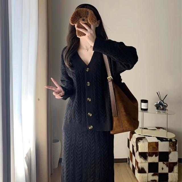 【AS 梨卡】女裝 外套 半身裙 套裝 連身裙 連身短裙 長裙 長袖 保暖半身裙 秋冬毛衣DR7299(套裝 連身裙)