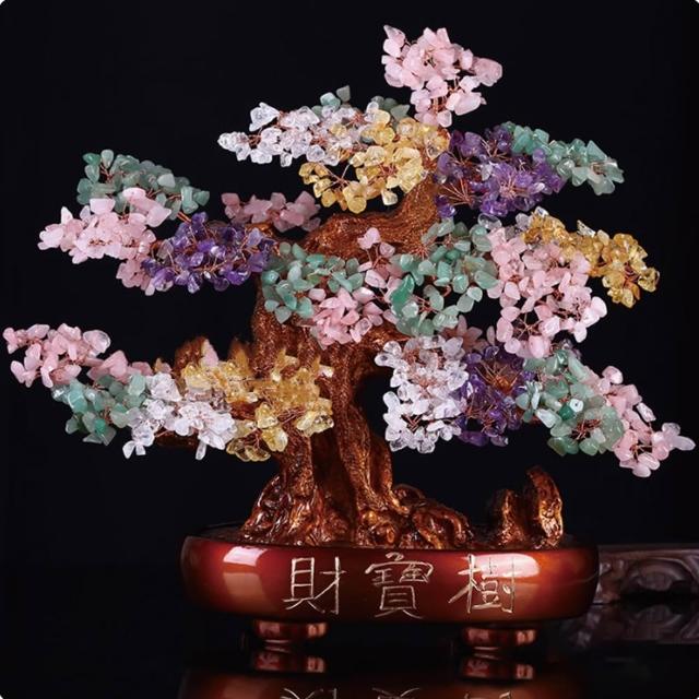 水晶發財樹擺件 七彩水晶鎮宅客廳高檔輕奢玄關裝飾品 招財擺件(高約35cm寬約35cm)