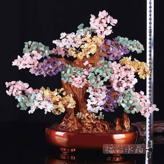 水晶發財樹擺件 七彩水晶鎮宅客廳高檔輕奢玄關裝飾品 招財擺件(高約35cm寬約35cm)