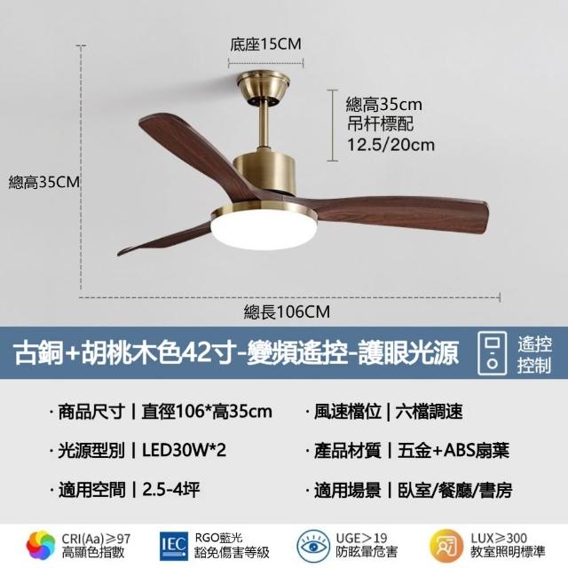 三葉-古銅+胡桃木色42寸-變頻遙控/全光譜護眼 中古風餐廳吊扇燈 客廳風扇燈 家用餐廳燈