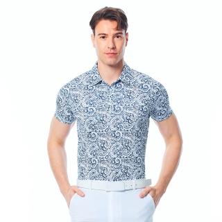 【KING GOLF】速達-網路限定款-男款變形蟲滿版印圖立體LOGO燙標短袖POLO衫/高爾夫球衫-丈青