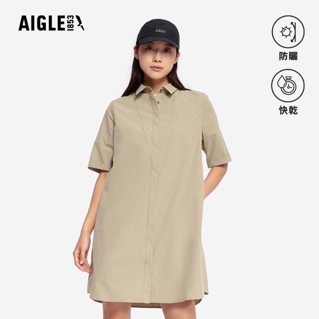 【AIGLE】女 抗UV快乾短袖長版襯衫｜AG-5P214(女襯衫 短袖襯衫 休閒襯衫 快乾 吸濕排汗 洋裝)