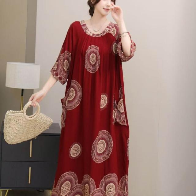 【巴黎精品】極速出貨 連身裙棉綢洋裝大尺碼女裝(圓領寬鬆花色遮肉顯瘦連衣裙女裙子22款b1a13)