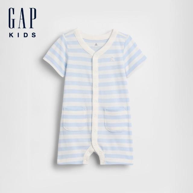 【GAP】嬰兒裝 布萊納小熊快樂條紋連身短褲-多款任選(896841&896842)