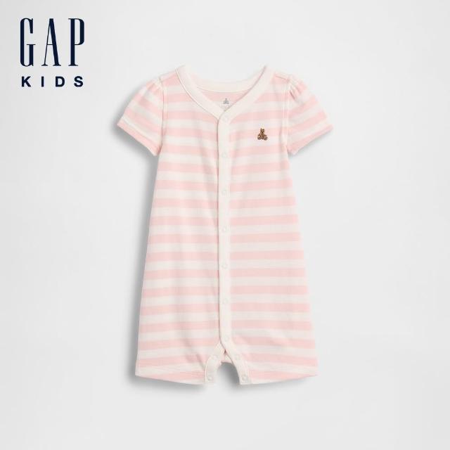 【GAP】嬰兒裝 布萊納小熊快樂條紋連身短褲-多款任選(896841&896842)