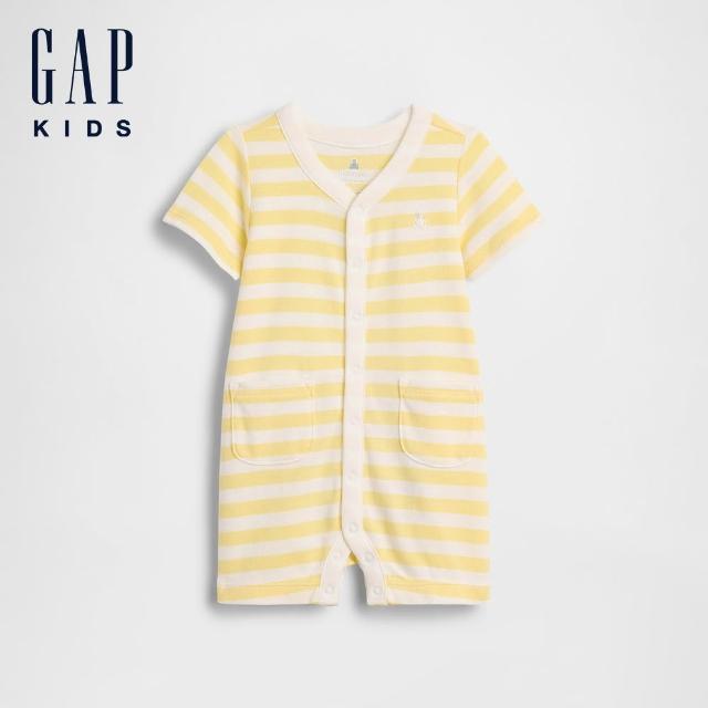 【GAP】嬰兒裝 布萊納小熊快樂條紋連身短褲-多款任選(896841&896842)