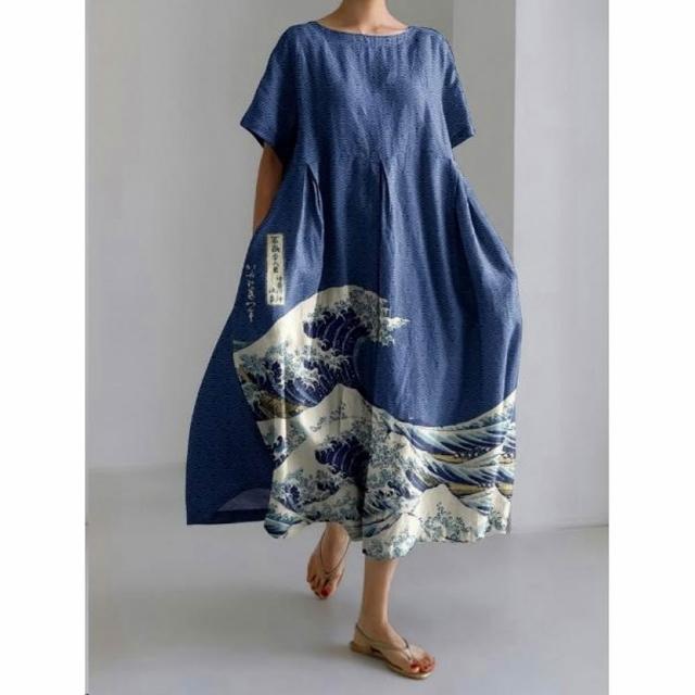 【巴黎精品】現貨限搶 連身裙短袖洋裝大尺碼女裝人工彩繪(圓領寬鬆網版絹印顯瘦長裙女裙子23款b2a7)