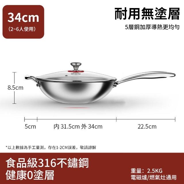 不鏽鋼炒鍋 316不粘鍋 炒菜鍋 34CM帶鍋蓋 (無塗層/全爐通用/不怕鋼鏟 擦洗)