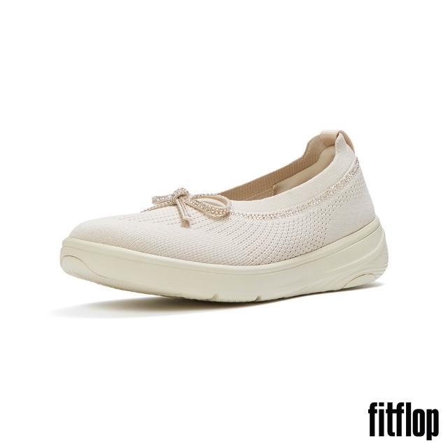 【FitFlop】SUPER-Q 蝴蝶結水鑽邊針織芭蕾舞平底鞋-女(米色)