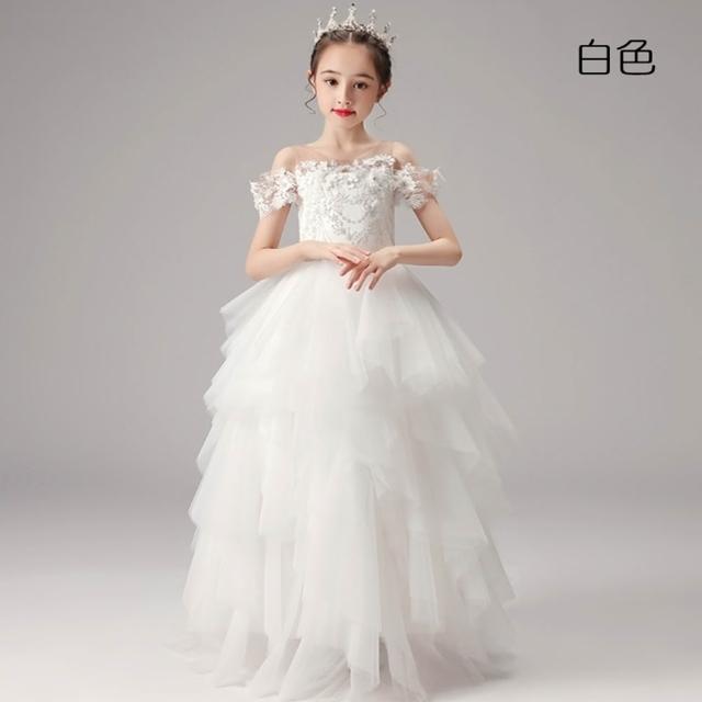 【橘魔法】唯美亮片刺繡花朵一字領澎澎長禮服 大童 女童 花童 童裝 兒童 畢業禮服 婚禮 洋裝 蓬蓬裙 紗裙
