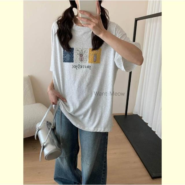 【Want-Meow】85公斤可穿/寬鬆獨家質感韓系插畫T棉T大尺碼上衣大尺碼T恤(大碼/大尺碼/加大碼/短袖上衣)