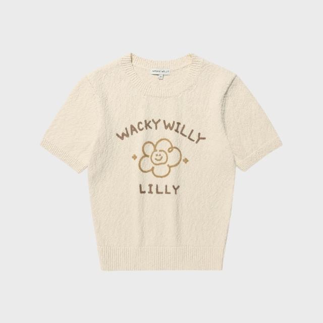 【Wacky WiLLY】官方旗艦館 女款大LILY圖案短袖針織衫(WMS針織毛衣 藍/奶油白/萊姆綠色)