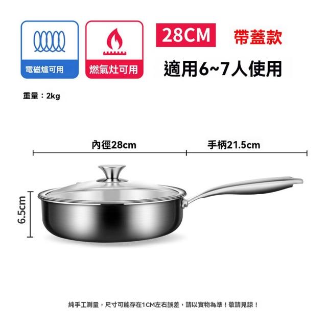 YIZ藝匠 不粘鍋 無塗層炒鍋 28cm 316不鏽鋼（加厚3mm 受熱均勻不跑油 燃氣竈/電磁爐專用）