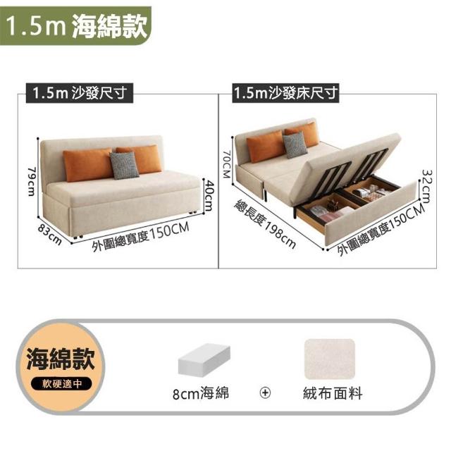可折疊沙發床 寬150CM儲物款 8CM海綿+貓抓絨 多功能沙發床 抽拉伸縮床