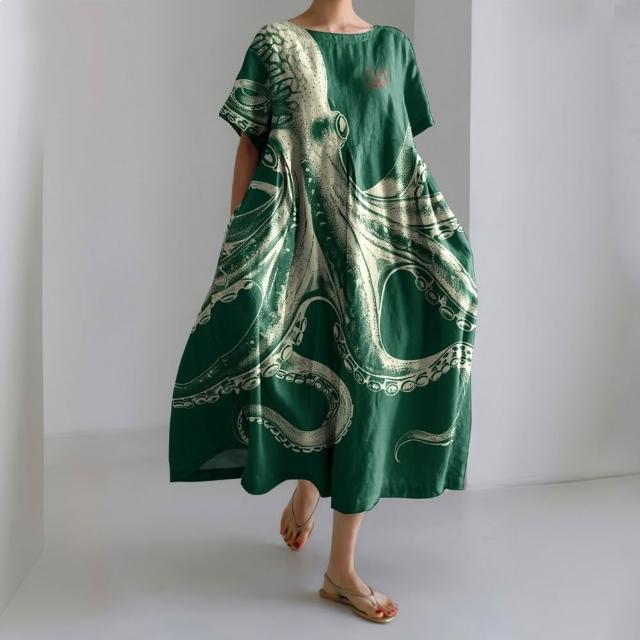 【巴黎精品】現貨+預購 連身裙短袖洋裝大尺碼女裝(圓領寬鬆網版娟印顯瘦長裙連衣裙女裙子15款b2a11 A)