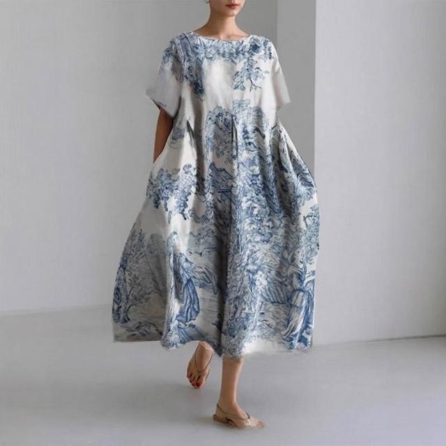 【巴黎精品】現貨+預購 連身裙短袖洋裝大尺碼女裝(圓領寬鬆網版娟印顯瘦長裙連衣裙女裙子15款b2a11 B)
